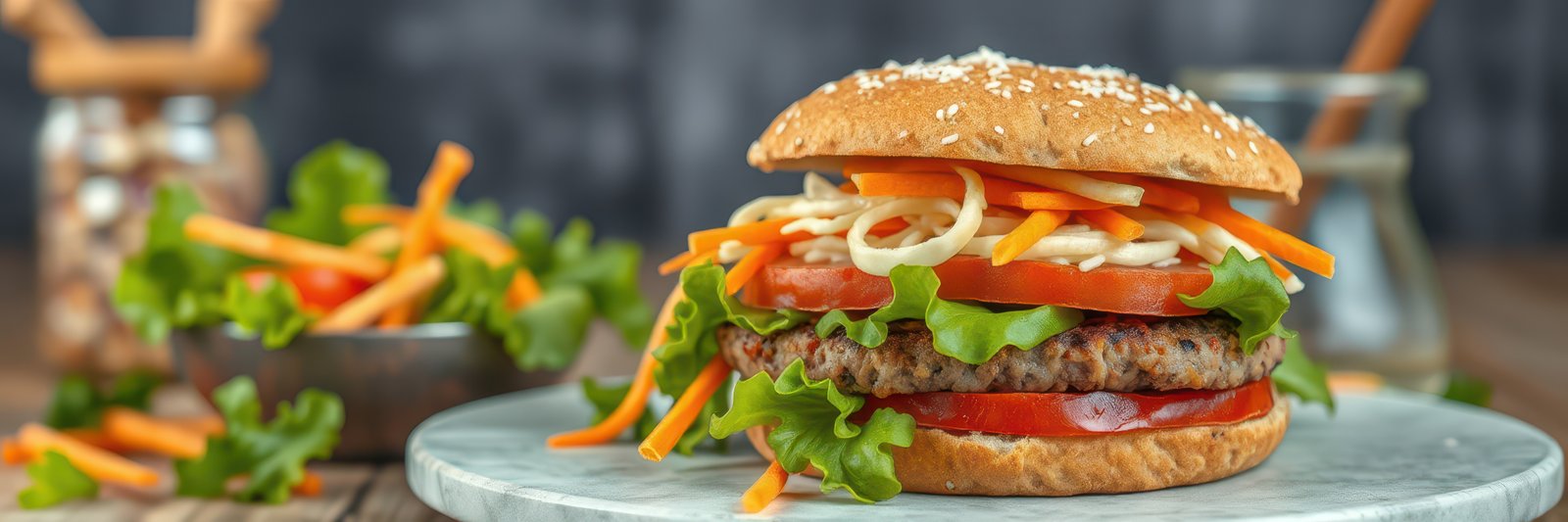 Juicy burger with fresh vegetables served on a wooden table in a cozy setting